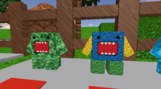 two domos made in Roblox, in the Domo Island Obby Tycoon experience on Rowind