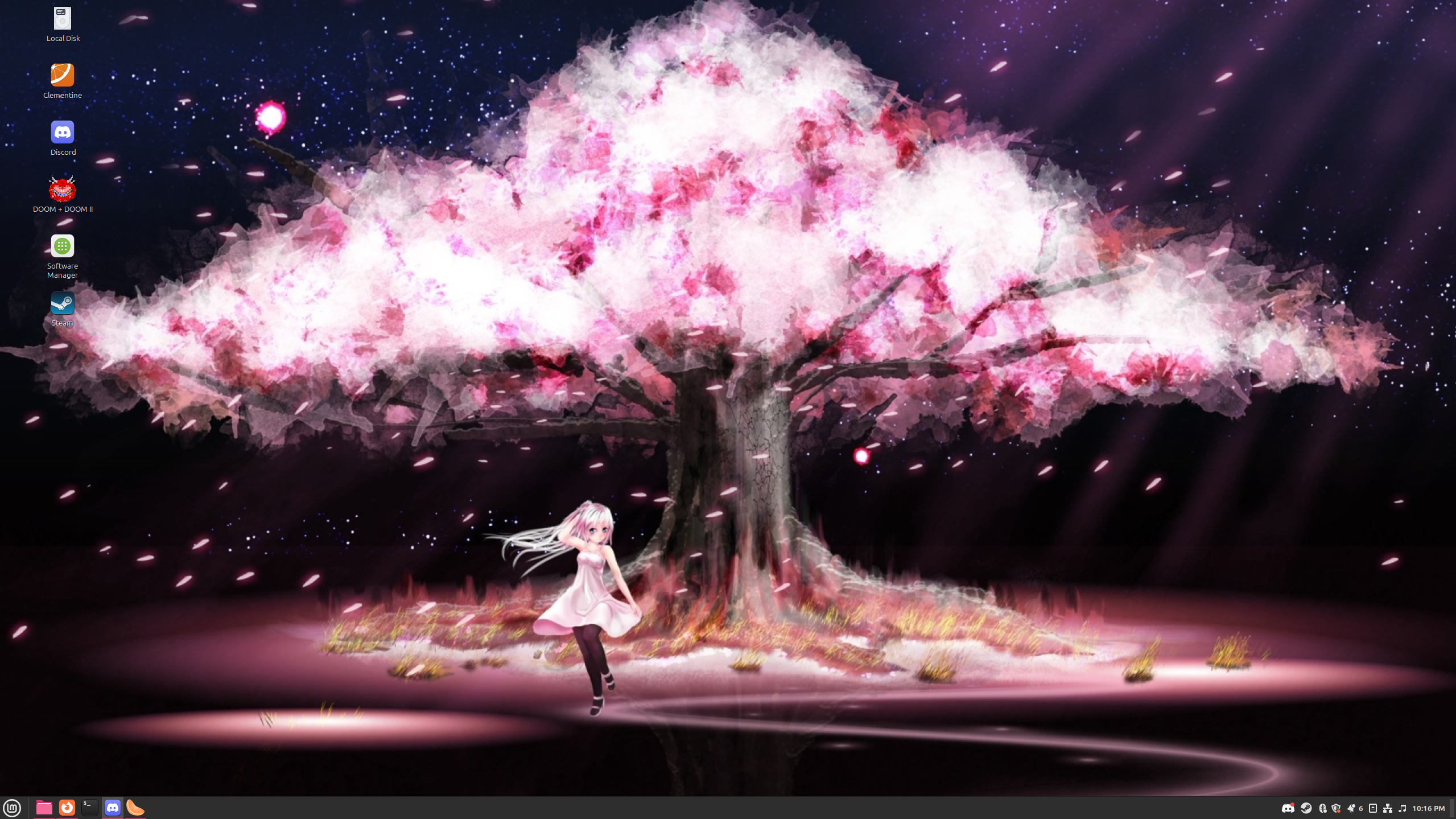 my Linux Mint desktop, with a few game and software icons. the wallpaper is of an anime girl in front of a cherry blossom tree. it is a noticeably low quality image.