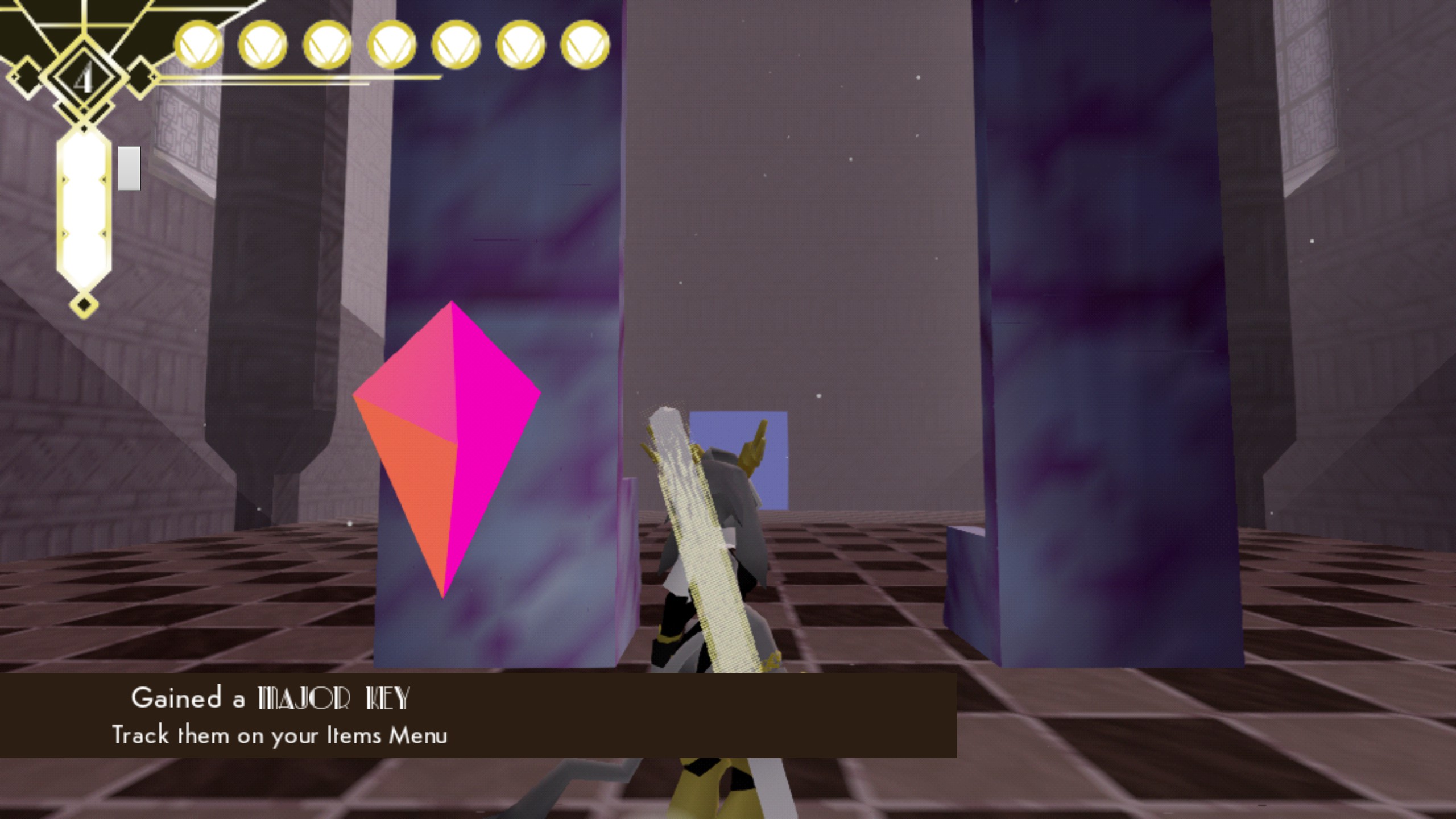 screenshot of the game Pseudoregalia. in the screenshot, i am standing behind two large chairs just after collecting one of the five necessary keys to beat the game.