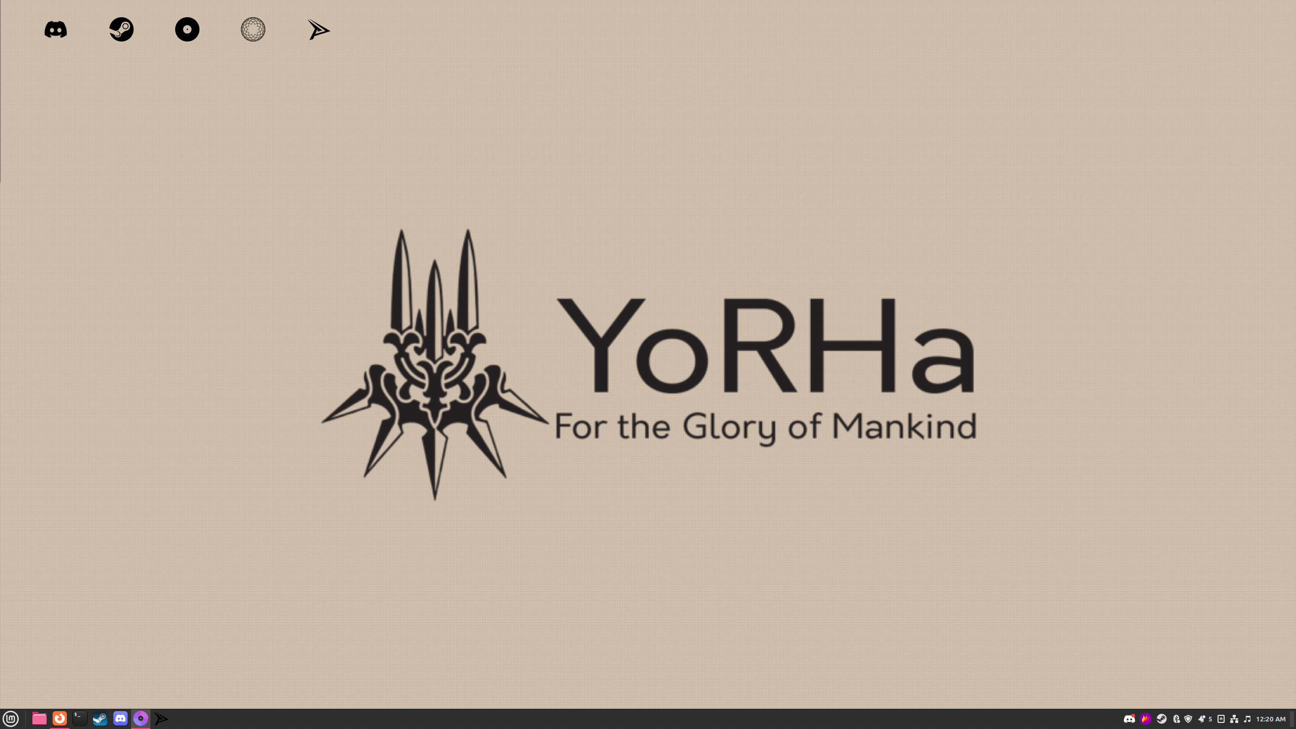 my linux wallpaper. the background is a YoRHa background, based on Nier Automata, with a few black desktop icons at the top, including the Flashpoint logo and the Homestuck gate logo.