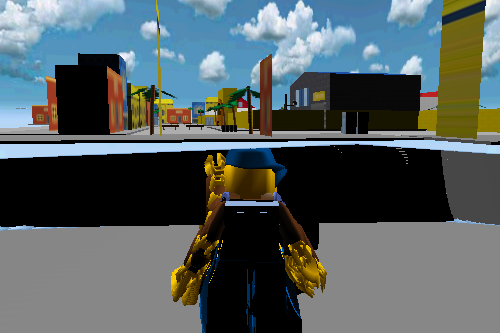 player character looking at game environment from out of bounds